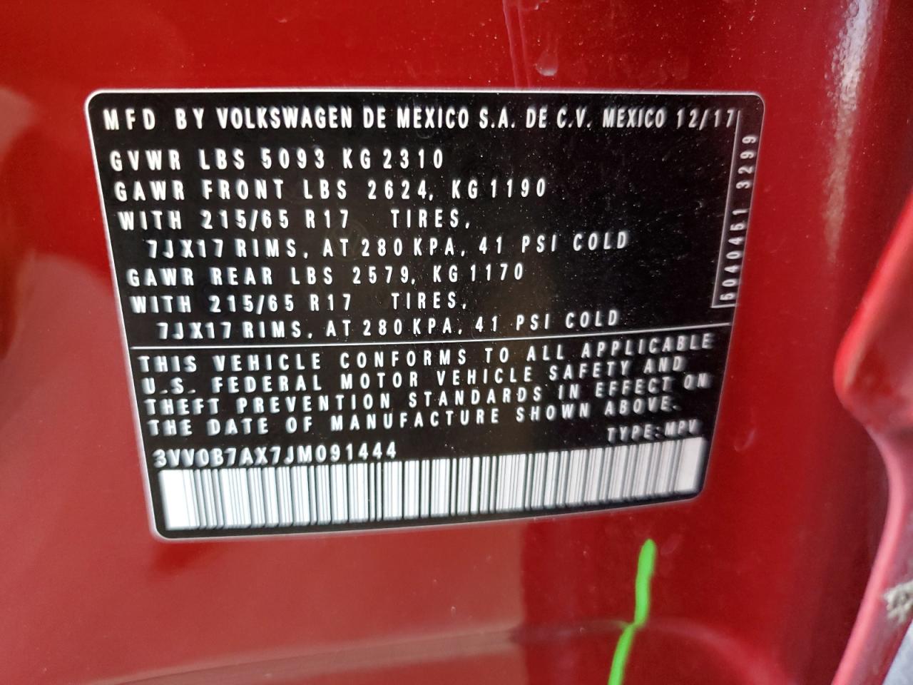 3VV0B7AX7JM091444 2018 Volkswagen Tiguan S