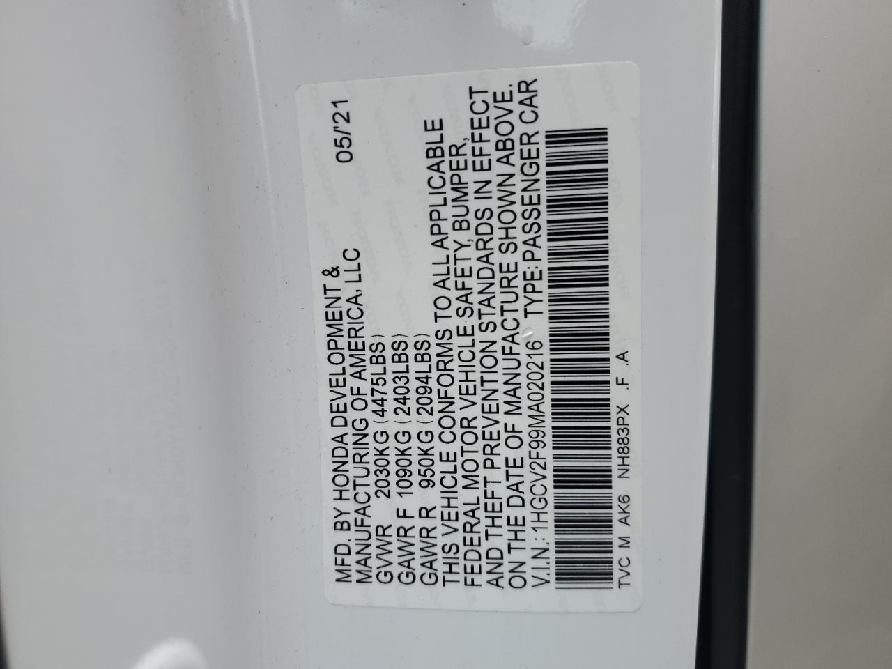 1HGCV2F99MA020216 HONDA ACCORD 2021