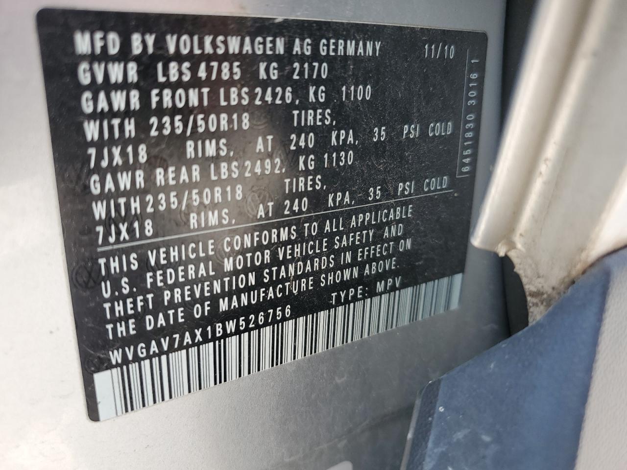 WVGAV7AX1BW526756 2011 Volkswagen Tiguan S