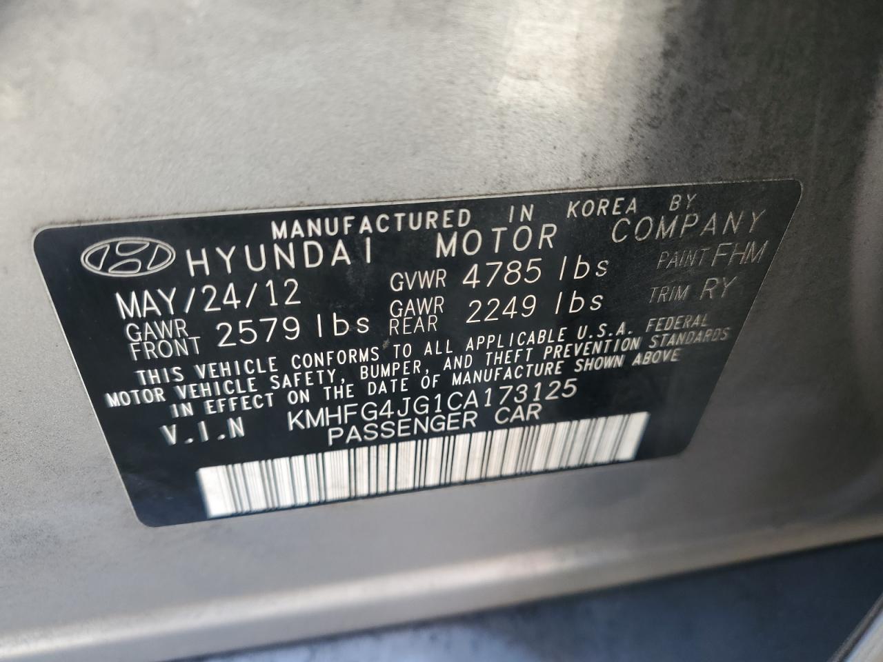 2012 Hyundai Azera Gls vin: KMHFG4JG1CA173125