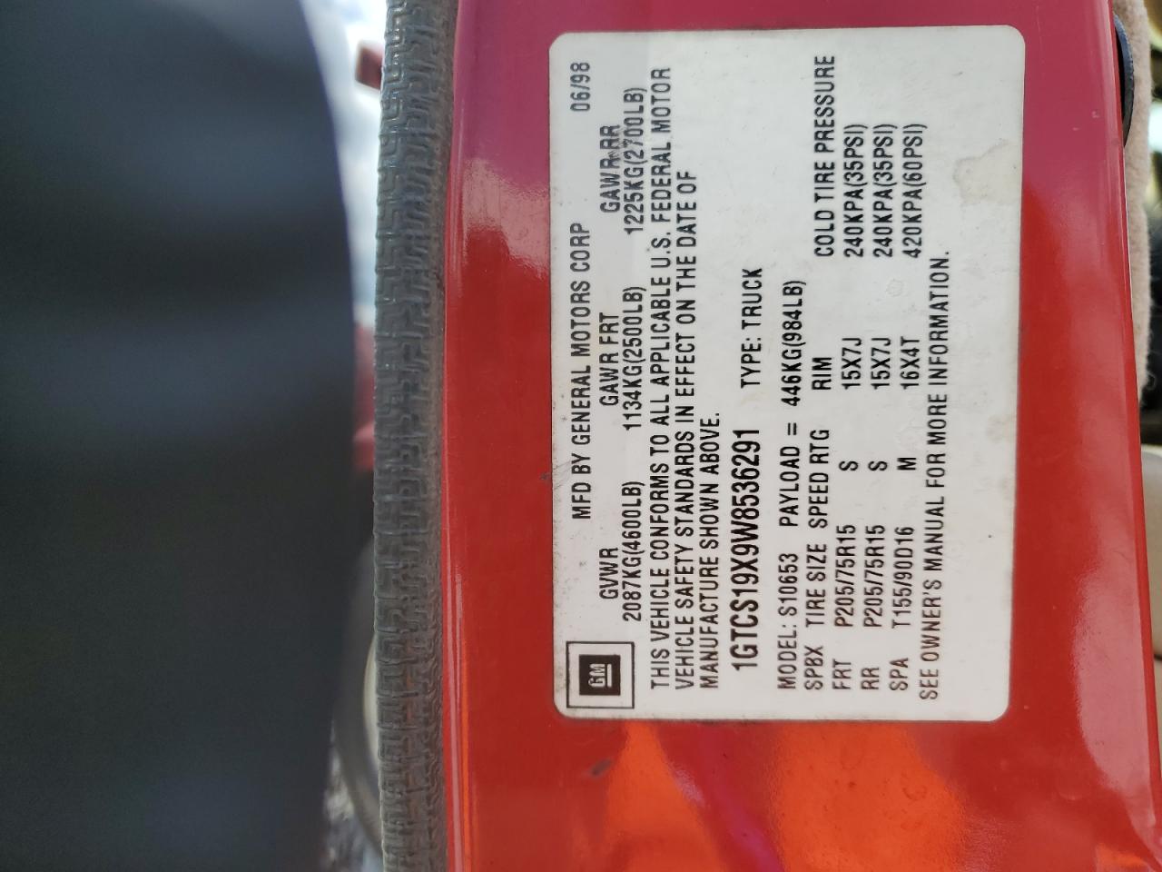 1GTCS19X9W8536291 1998 GMC Sonoma