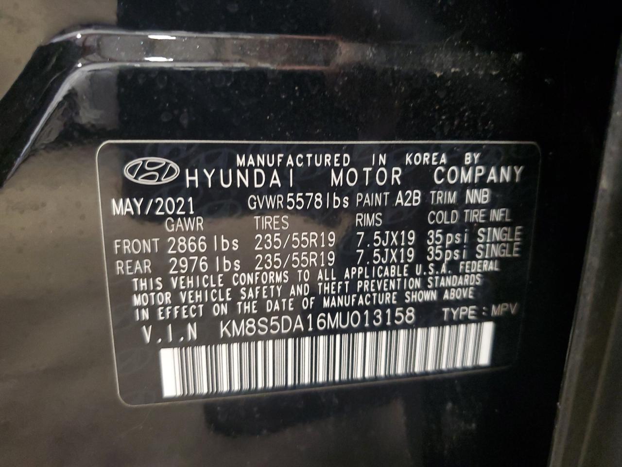 KM8S5DA16MU013158 2021 Hyundai Santa Fe Limited
