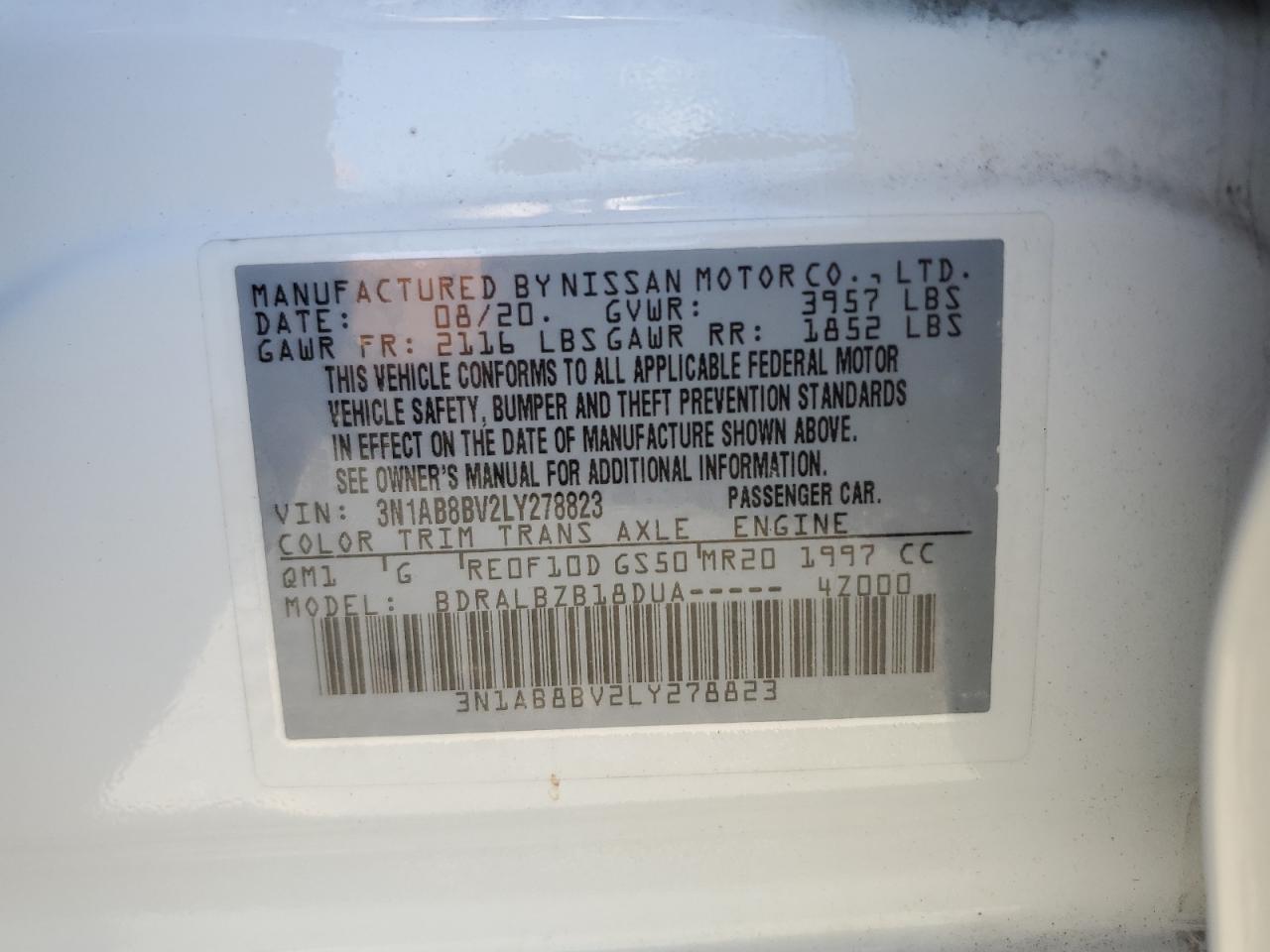 3N1AB8BV2LY278823 2020 Nissan Sentra S