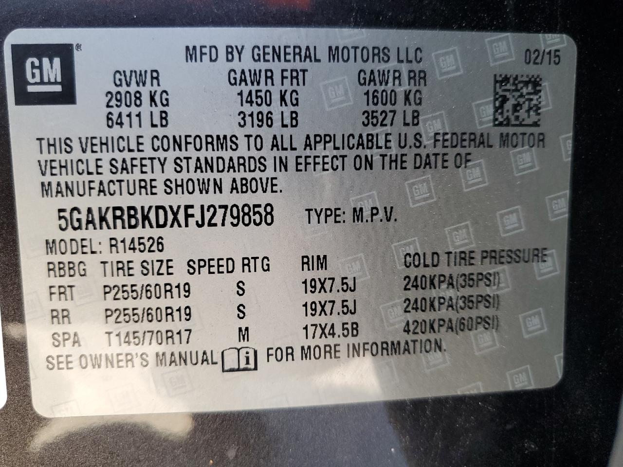 5GAKRBKDXFJ279858 2015 Buick Enclave