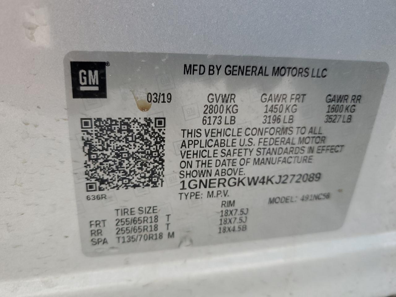 1GNERGKW4KJ272089 2019 Chevrolet Traverse Lt