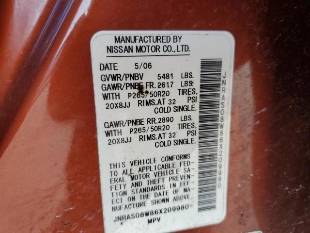 2006 Infiniti Fx35 VIN: JNRAS08W86X209980 Lot: 61736274