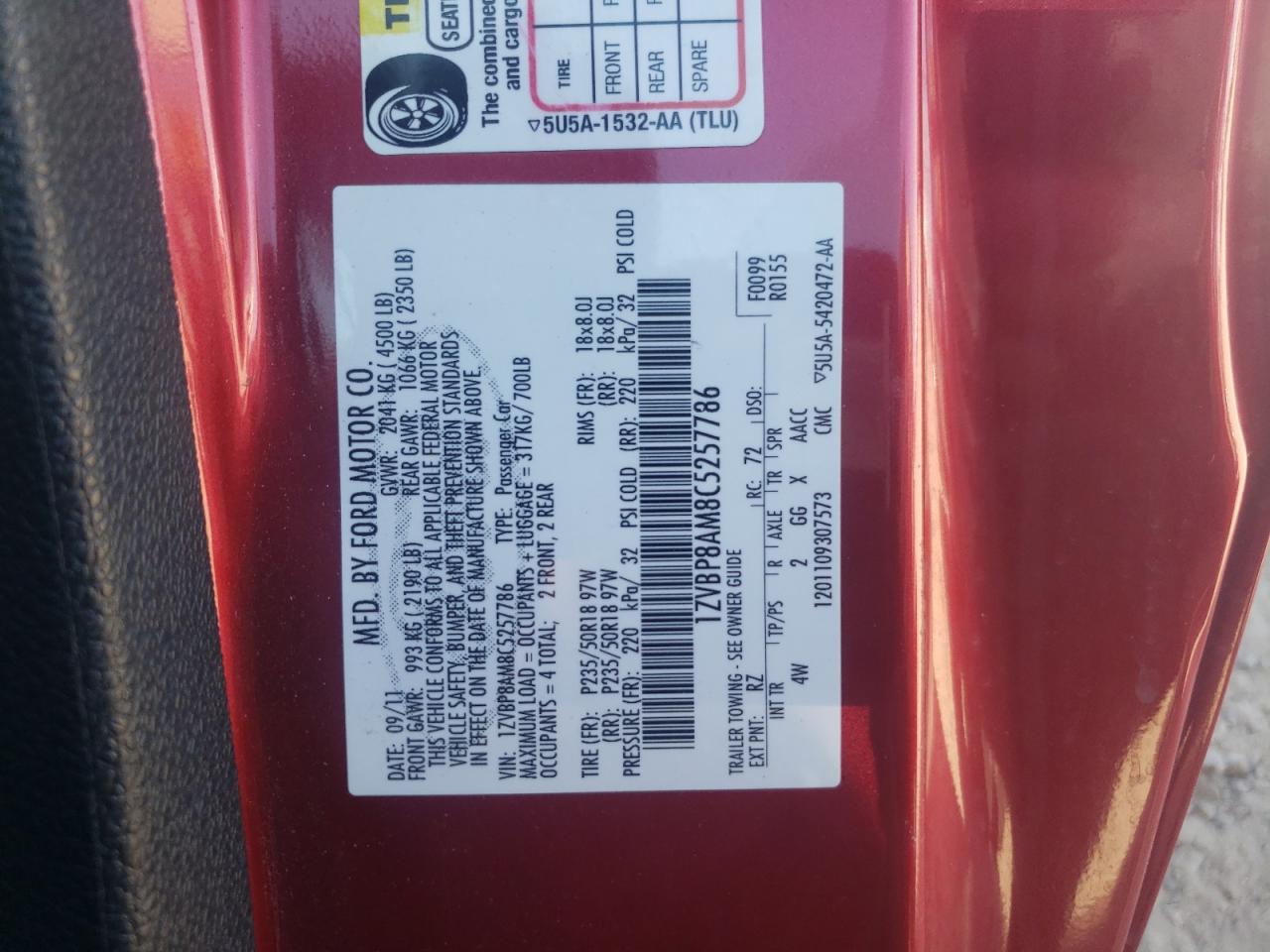 1ZVBP8AM8C5257786 2012 Ford Mustang