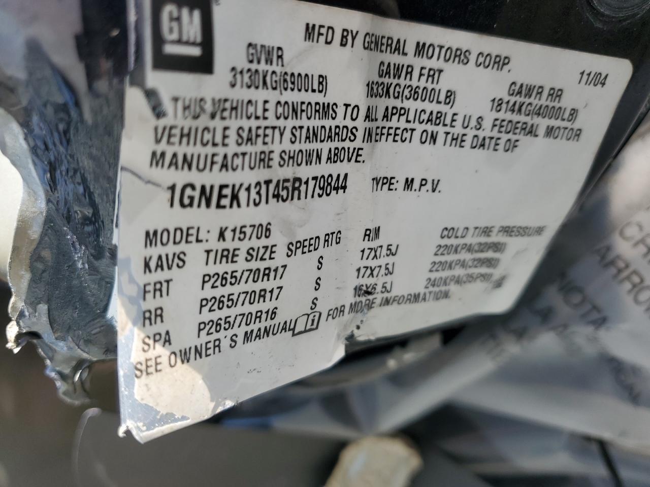 1GNEK13T45R179844 2005 Chevrolet Tahoe K1500