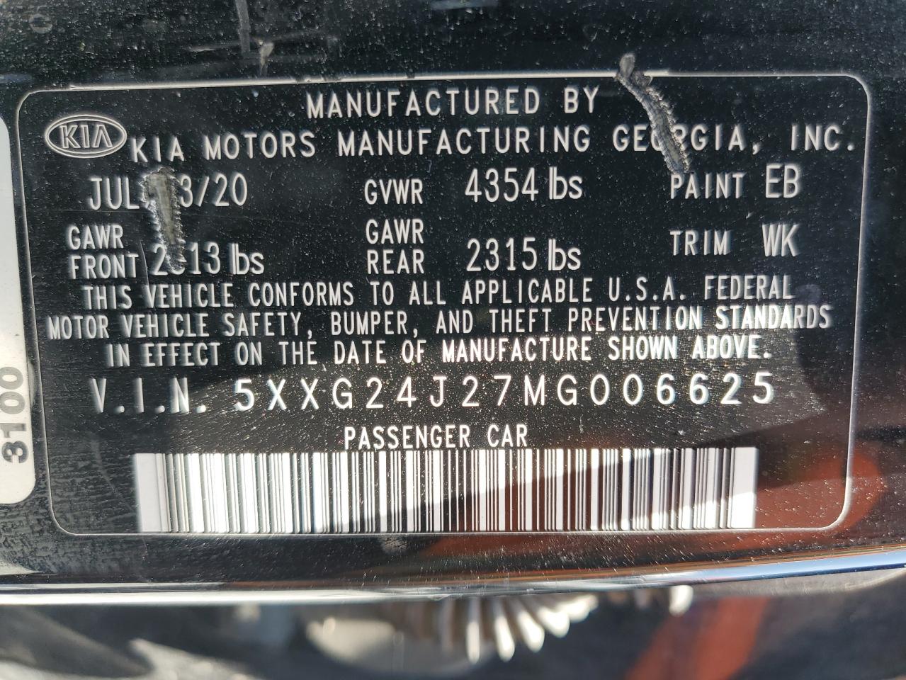 5XXG24J27MG006625 2021 Kia K5 Lx