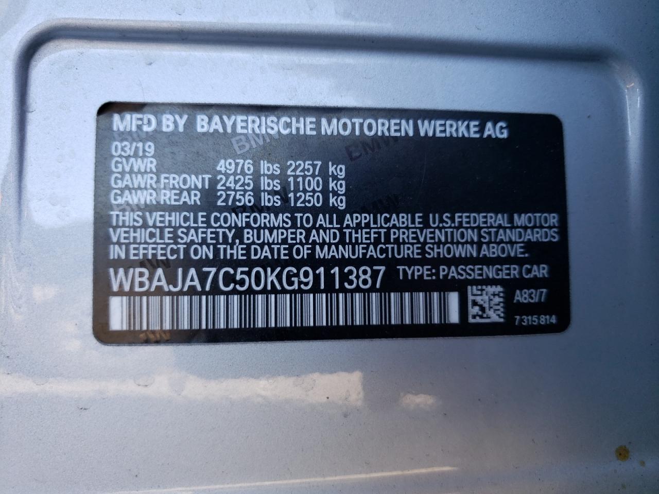 WBAJA7C50KG911387 2019 BMW 530 Xi