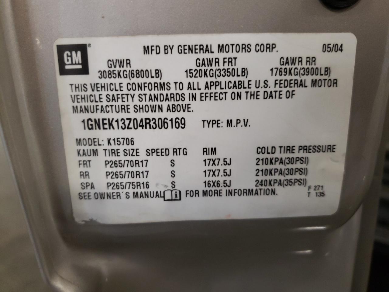 1GNEK13Z04R306169 2004 Chevrolet Tahoe K1500