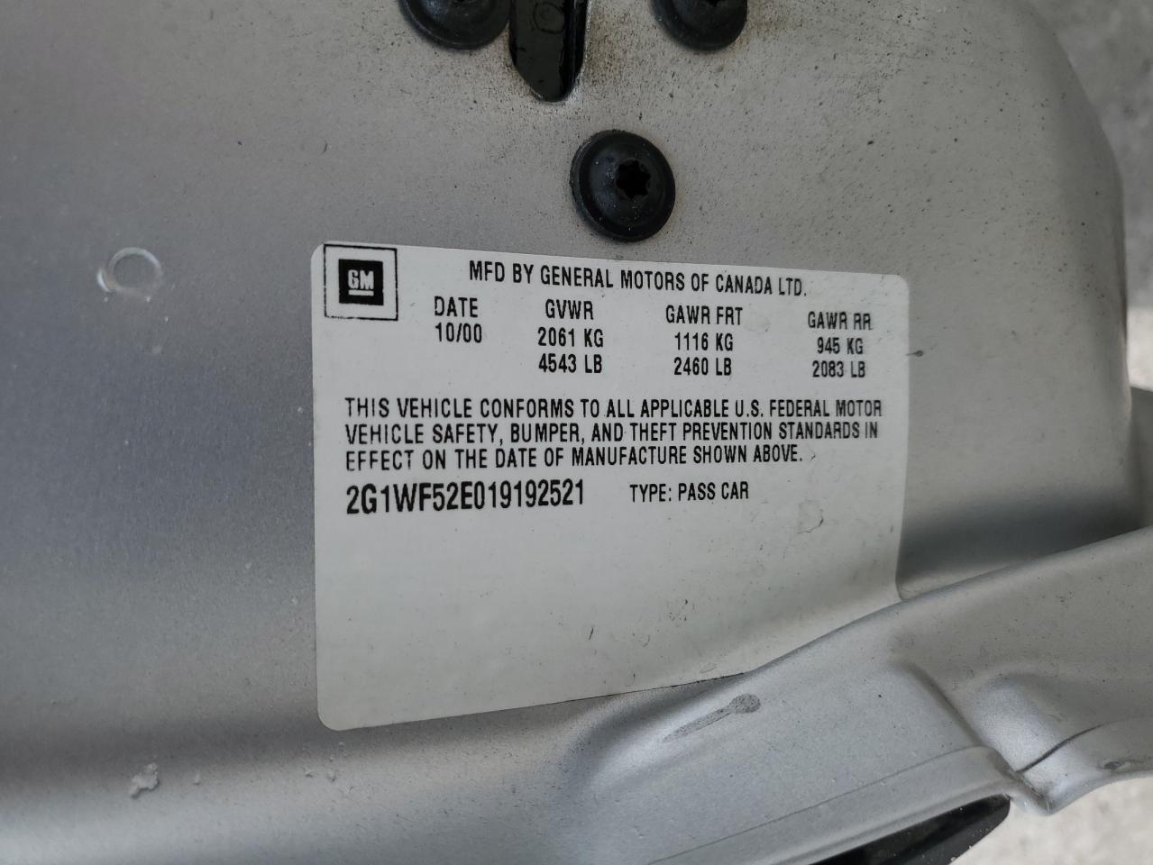 2G1WF52E019192521 2001 Chevrolet Impala