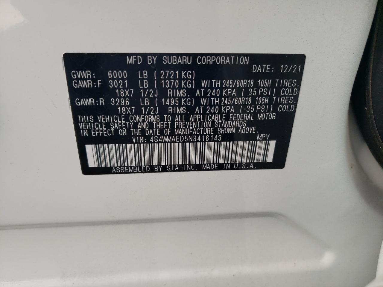 4S4WMAED5N3416143 2022 Subaru Ascent Premium