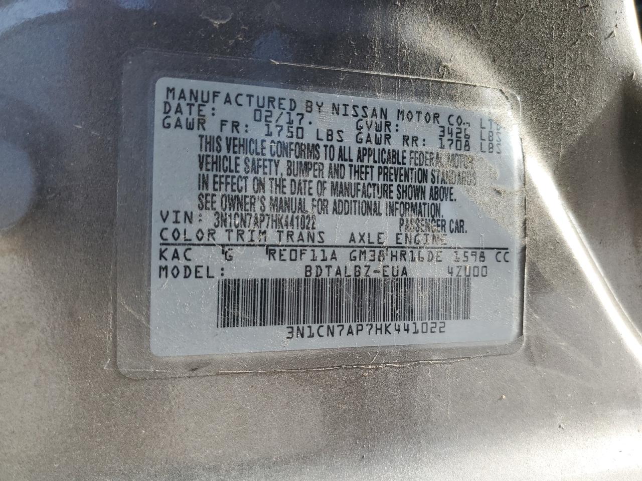 3N1CN7AP7HK441022 2017 Nissan Versa S