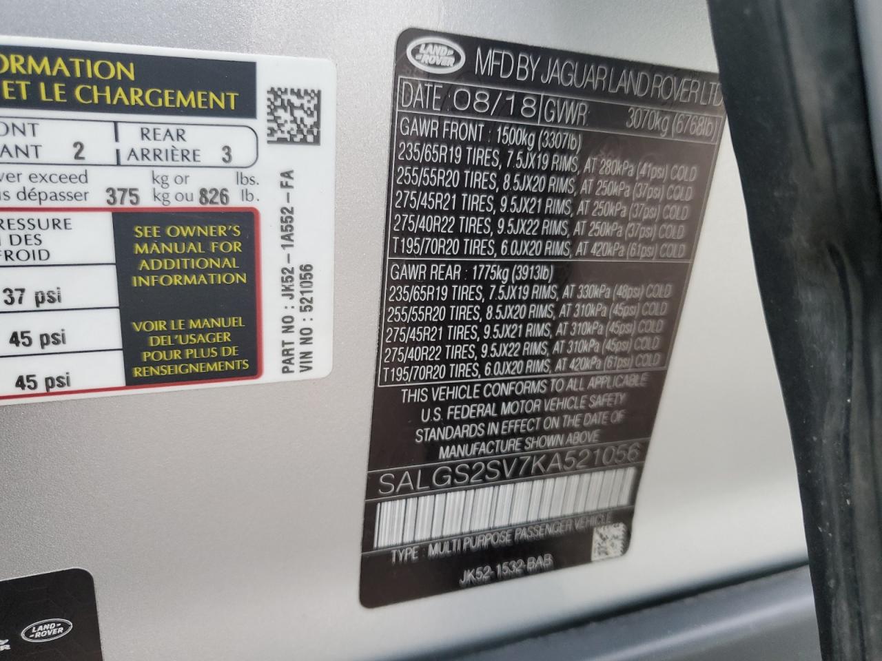 SALGS2SV7KA521056 2019 Land Rover Range Rover Hse