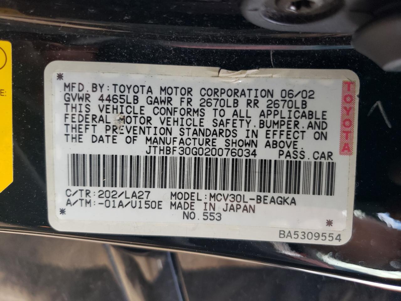 JTHBF30G020076034 2002 Lexus Es 300