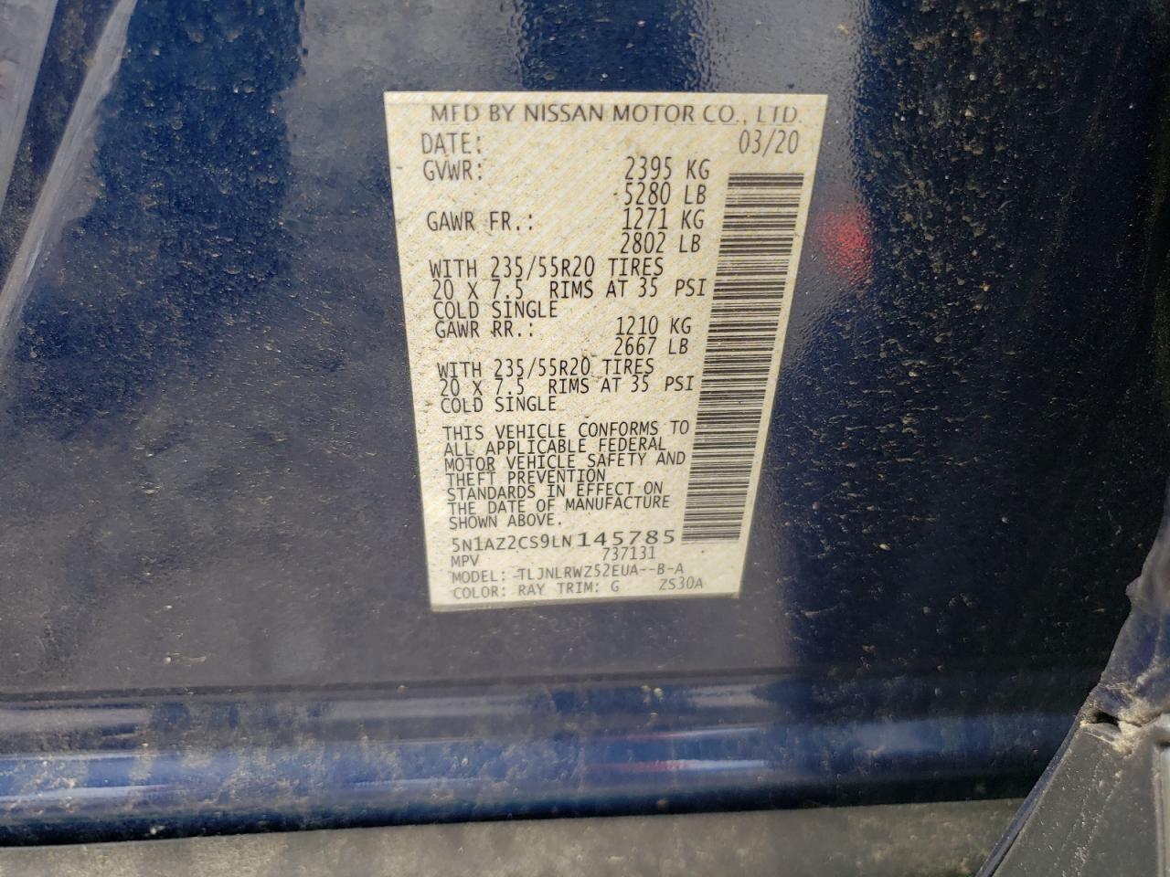 5N1AZ2CS9LN145785 2020 Nissan Murano Sl