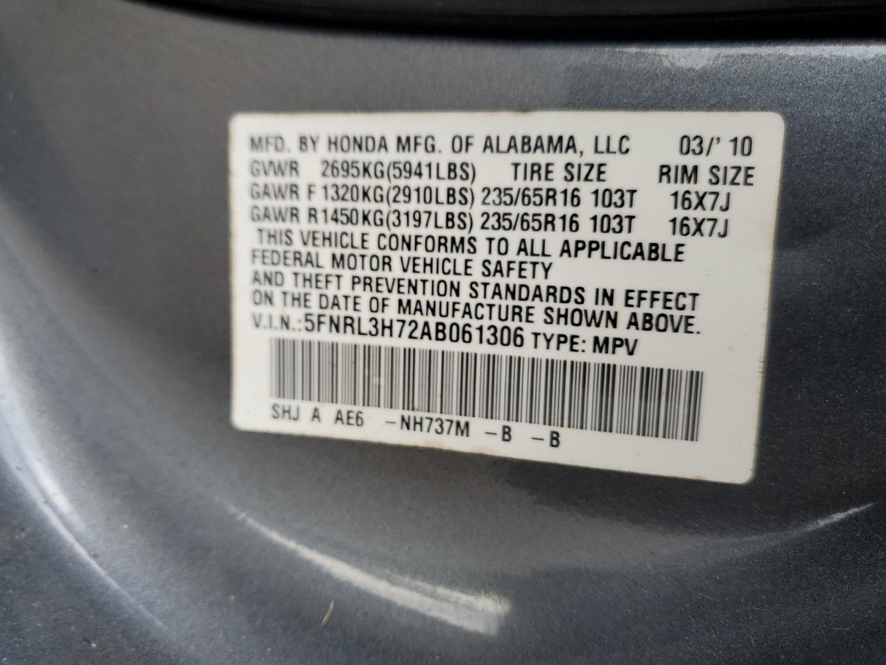 5FNRL3H72AB061306 2010 Honda Odyssey Exl
