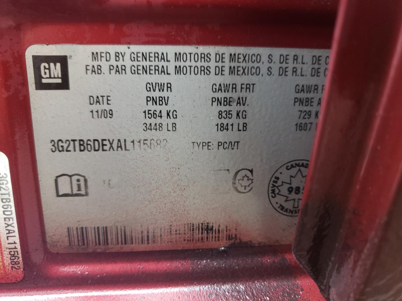 3G2TB6DEXAL115682 2010 Pontiac G3 Wave