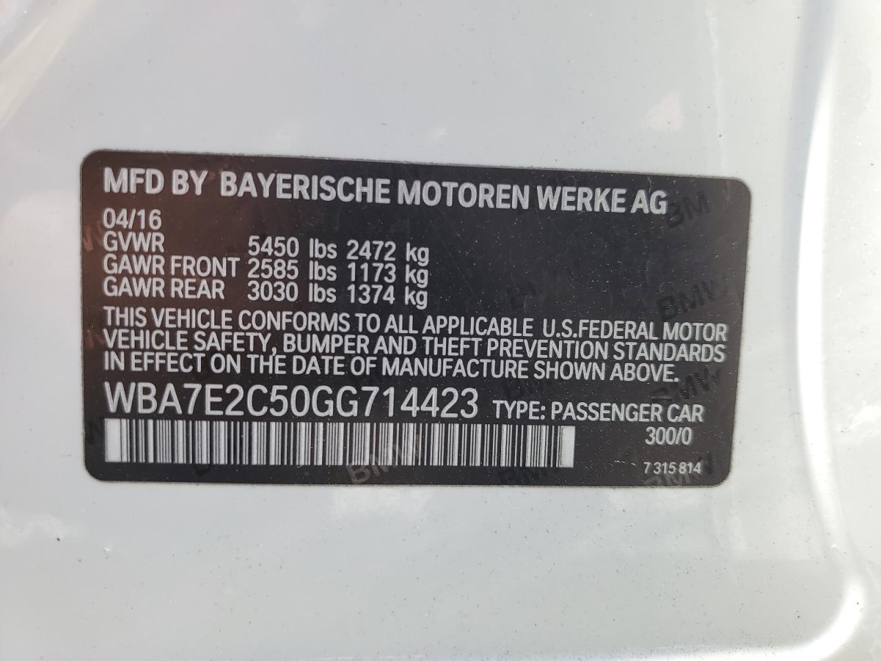 WBA7E2C50GG714423 2016 BMW 740 I