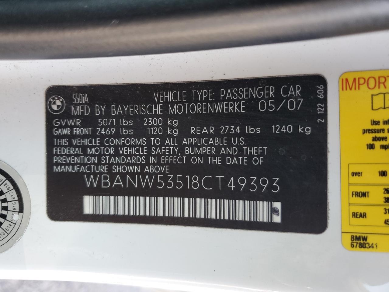 WBANW53518CT49393 2008 BMW 550 I