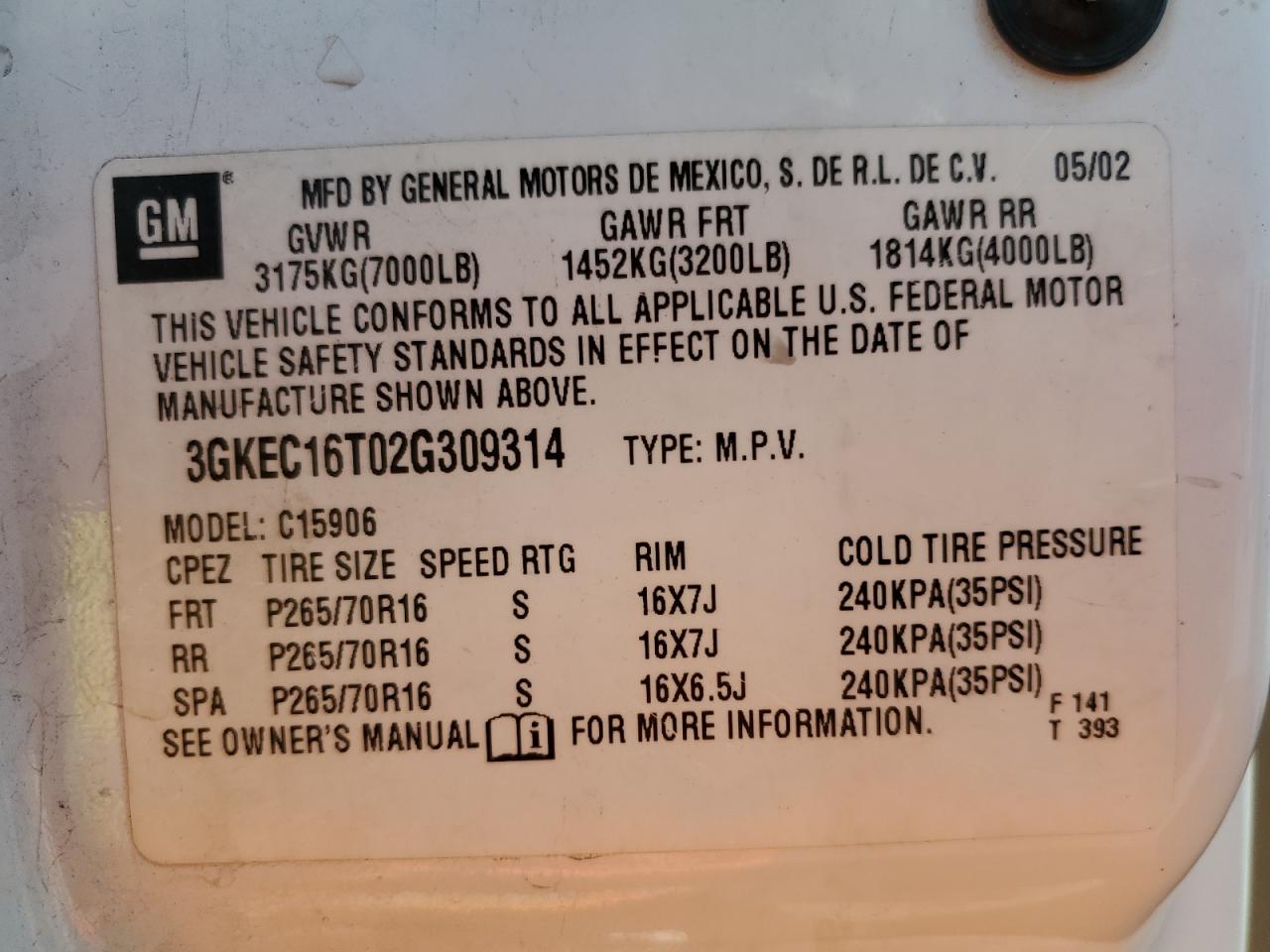 3GKEC16T02G309314 2002 GMC Yukon Xl C1500