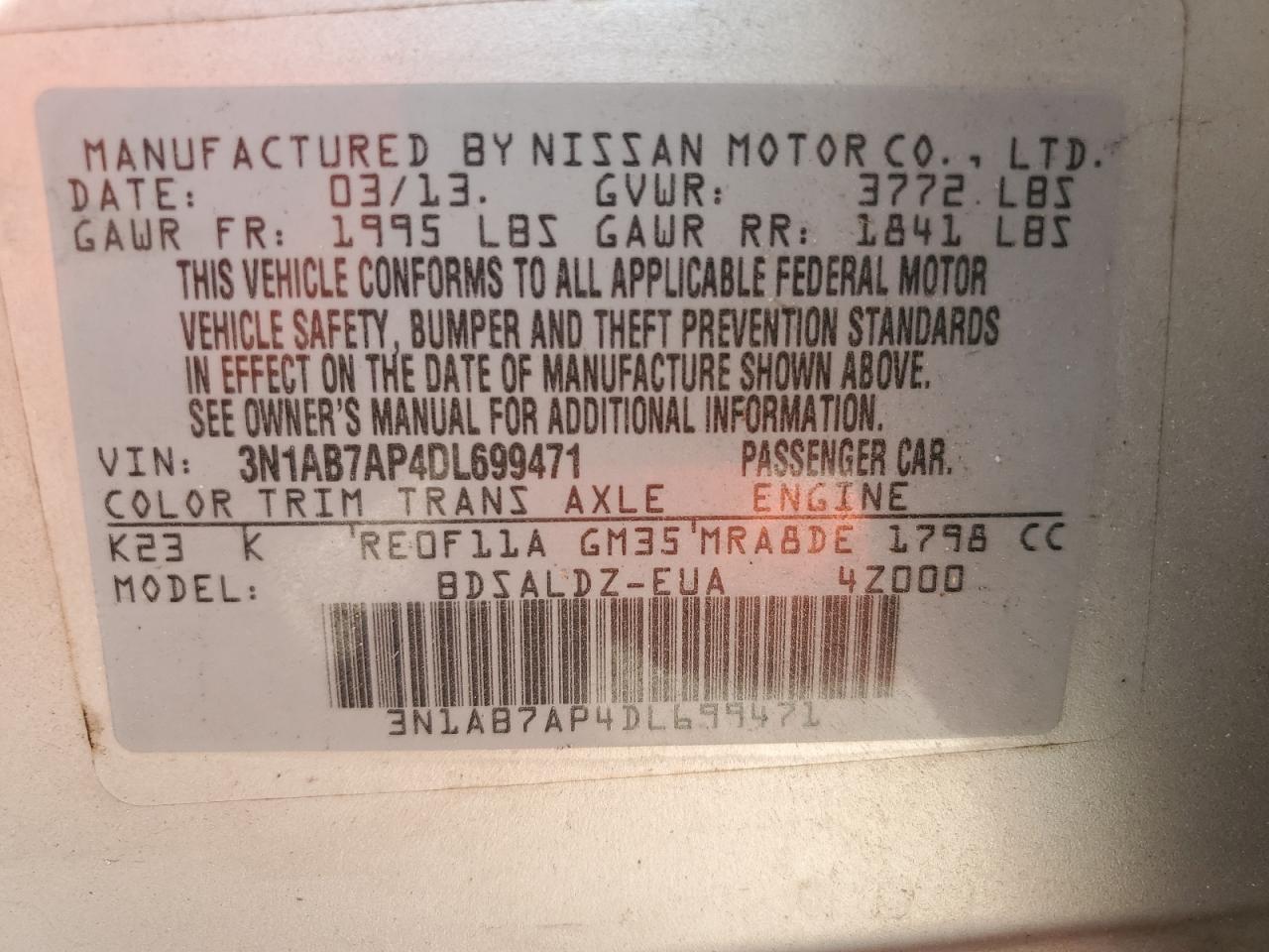 3N1AB7AP4DL699471 2013 Nissan Sentra S