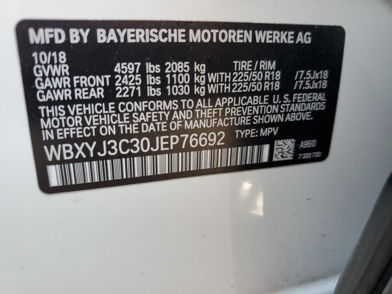 WBXYJ3C30JEP76692 2018 BMW X2 Sdrive28I