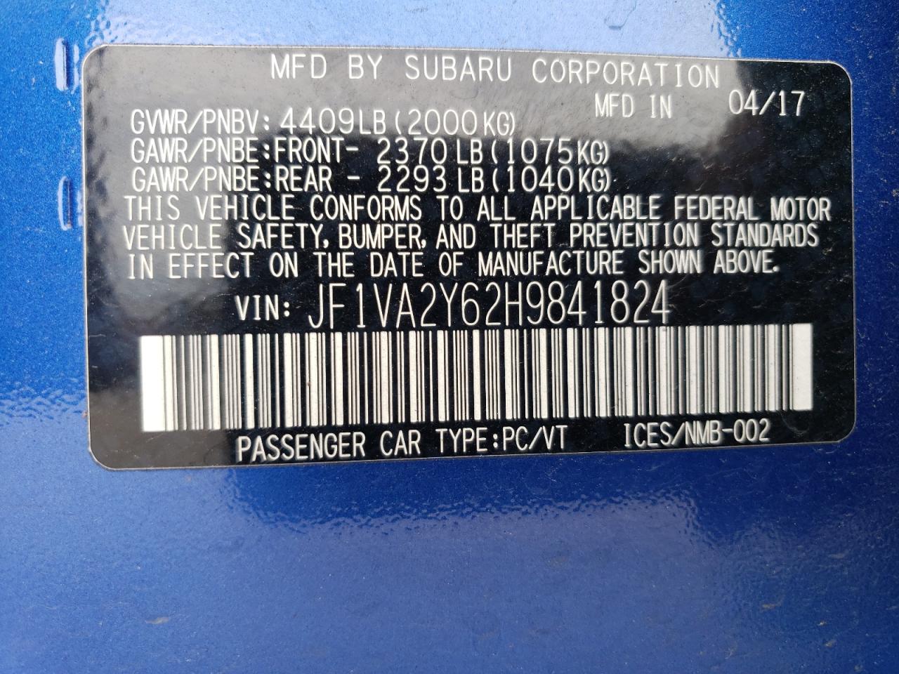 JF1VA2Y62H9841824 2017 Subaru Wrx Sti Limited