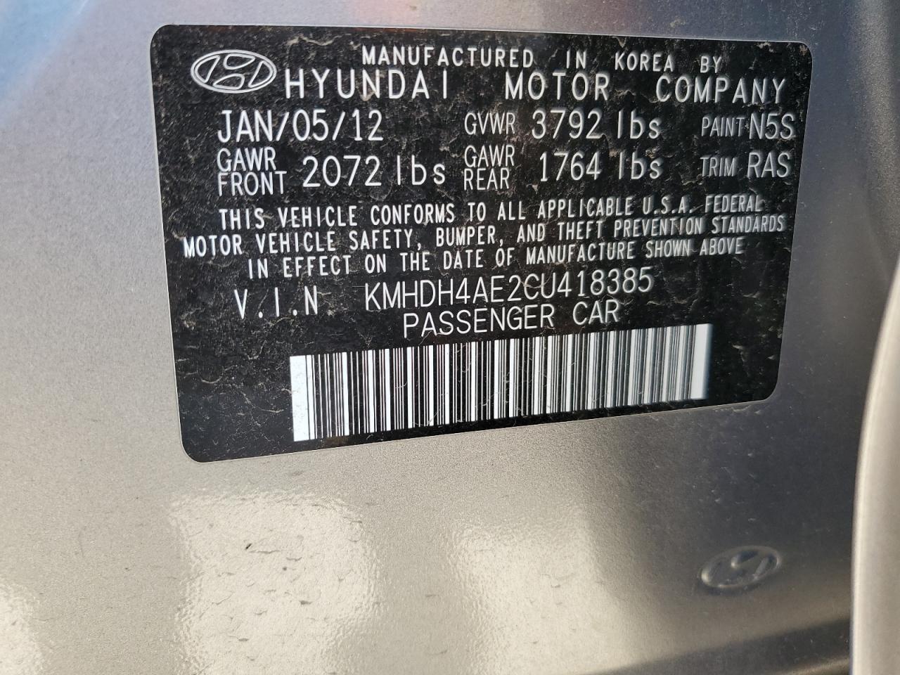 KMHDH4AE2CU418385 2012 Hyundai Elantra Gls