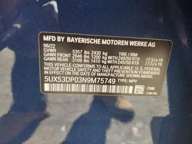 2022 BMW X3 xDrive30I VIN: 5UX53DP03N9M75749 Lot: 61646774