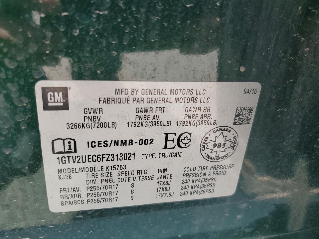 1GTV2UEC6FZ313021 2015 GMC Sierra K1500 Sle