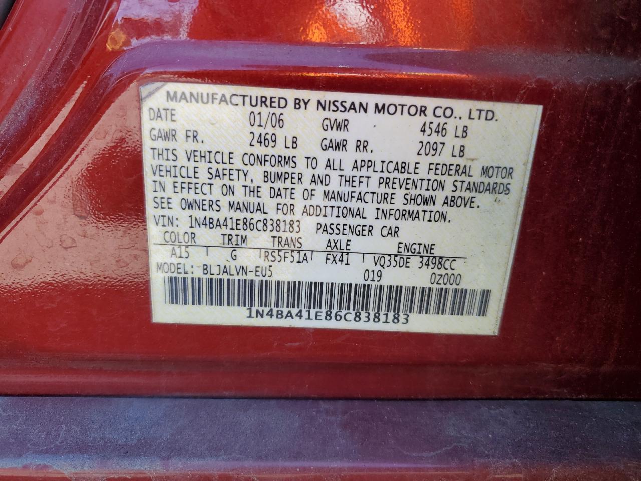 1N4BA41E86C838183 2006 Nissan Maxima Se