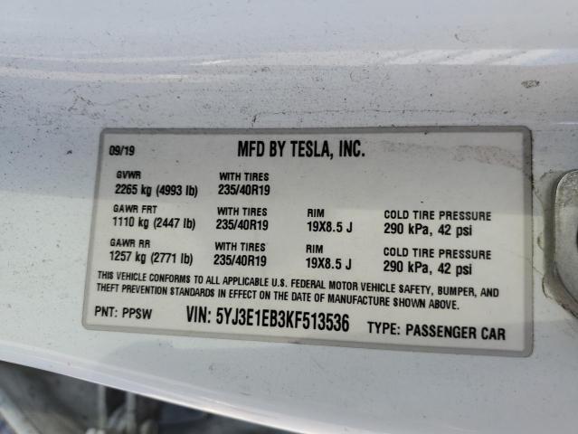 2019 Tesla Model 3 VIN: 5YJ3E1EB3KF513536 Lot: 60979054