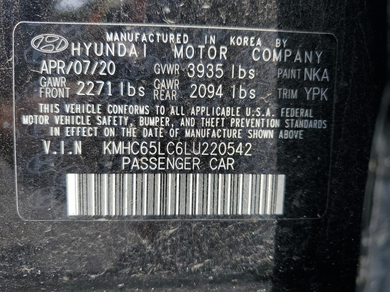 KMHC65LC6LU220542 2020 Hyundai Ioniq Blue