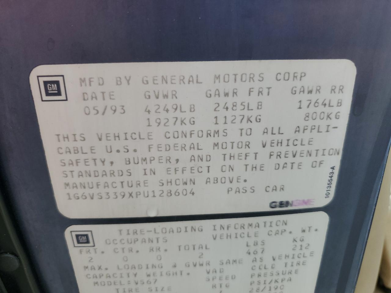 1G6VS339XPU128604 1993 Cadillac Allante
