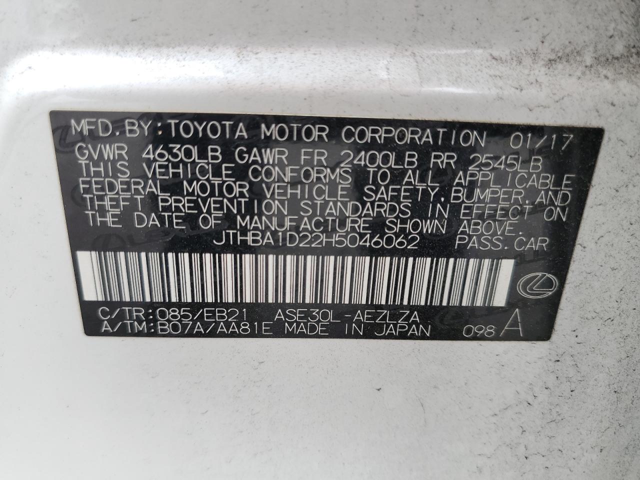 JTHBA1D22H5046062 2017 Lexus Is 200T
