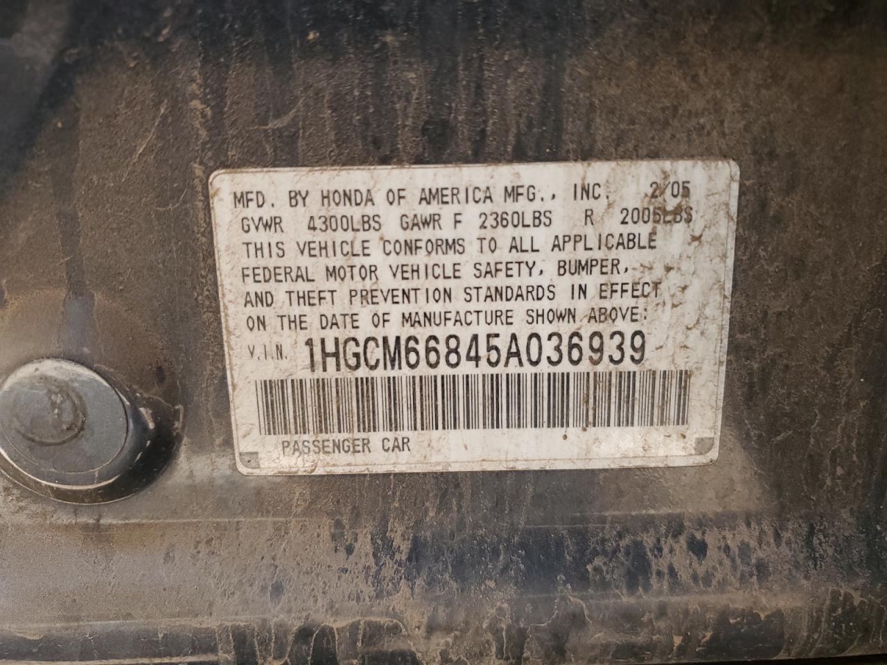 1HGCM66845A036939 2005 Honda Accord Ex