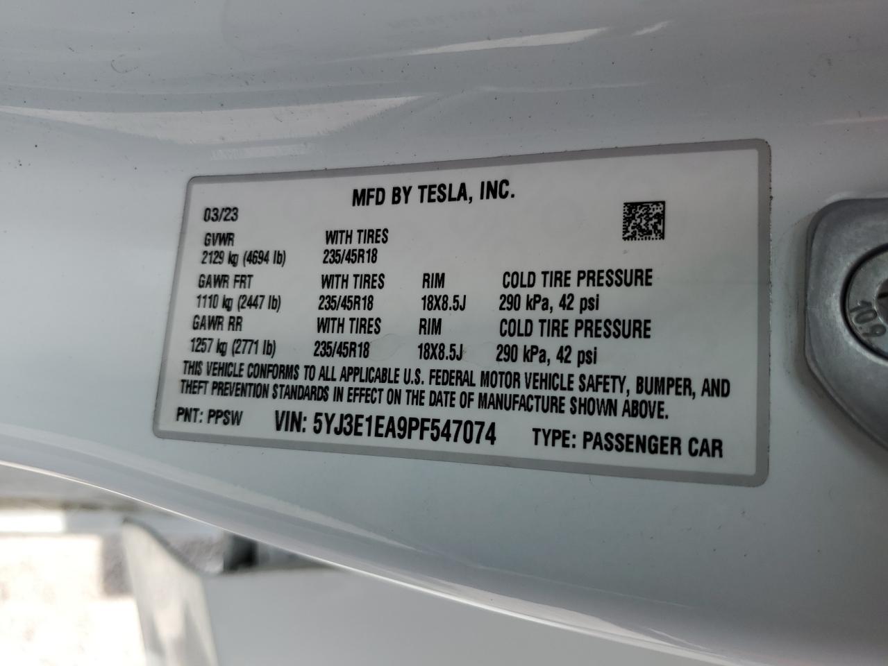 Lot #2751030309 2023 TESLA MODEL 3