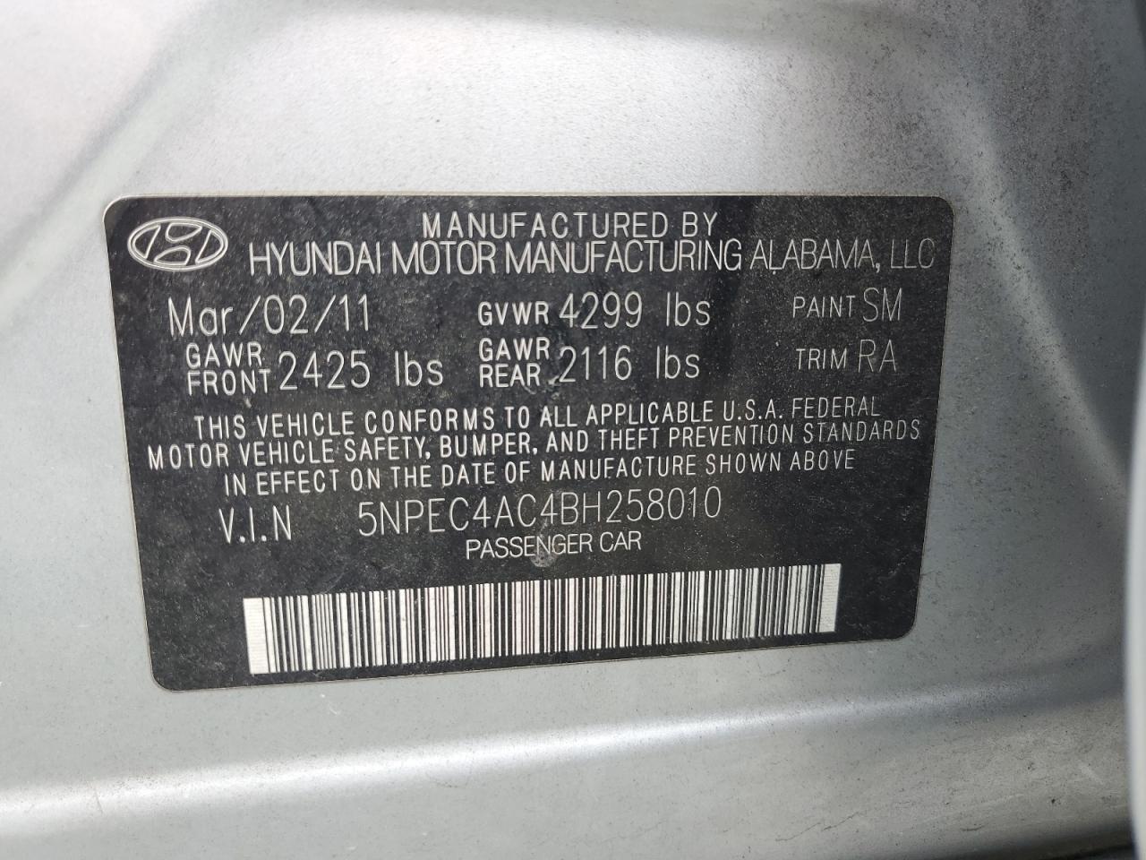 5NPEC4AC4BH258010 2011 Hyundai Sonata Se