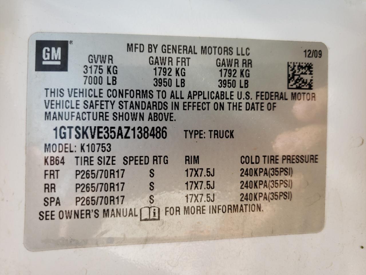 1GTSKVE35AZ138486 2010 GMC Sierra K1500 Sle