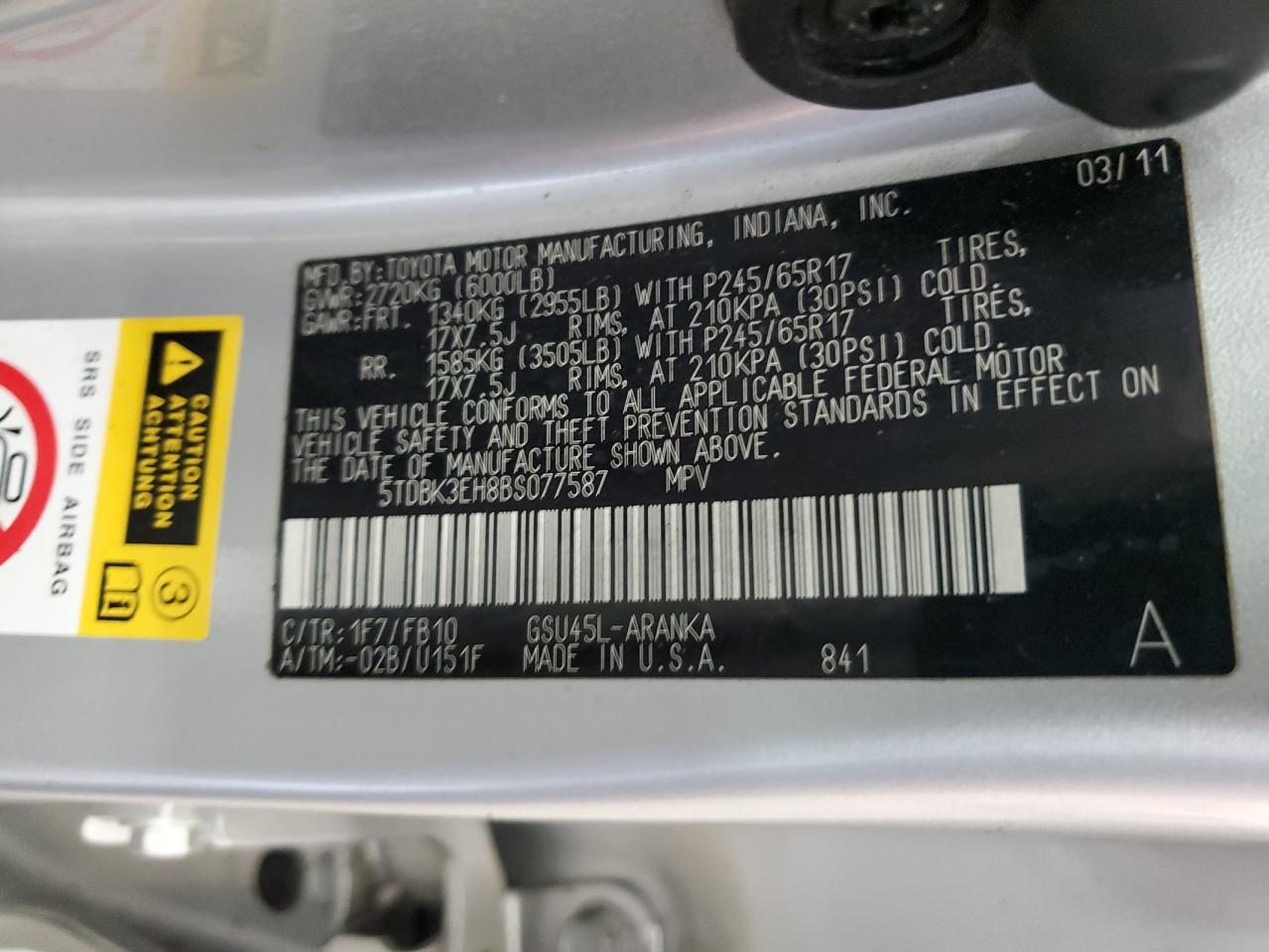 5TDBK3EH8BS077587 2011 Toyota Highlander Base