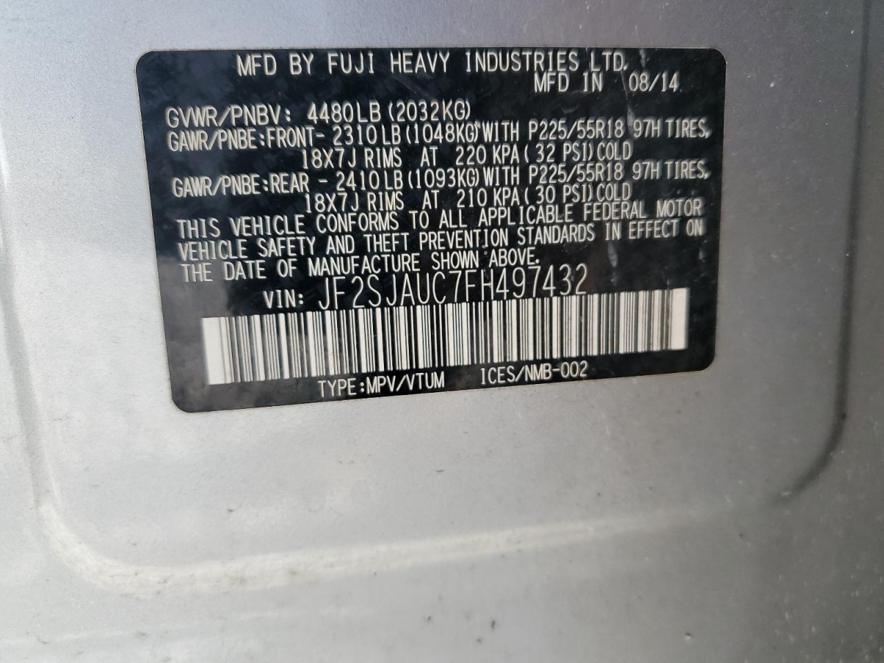 JF2SJAUC7FH497432 2015 Subaru Forester 2.5I Touring