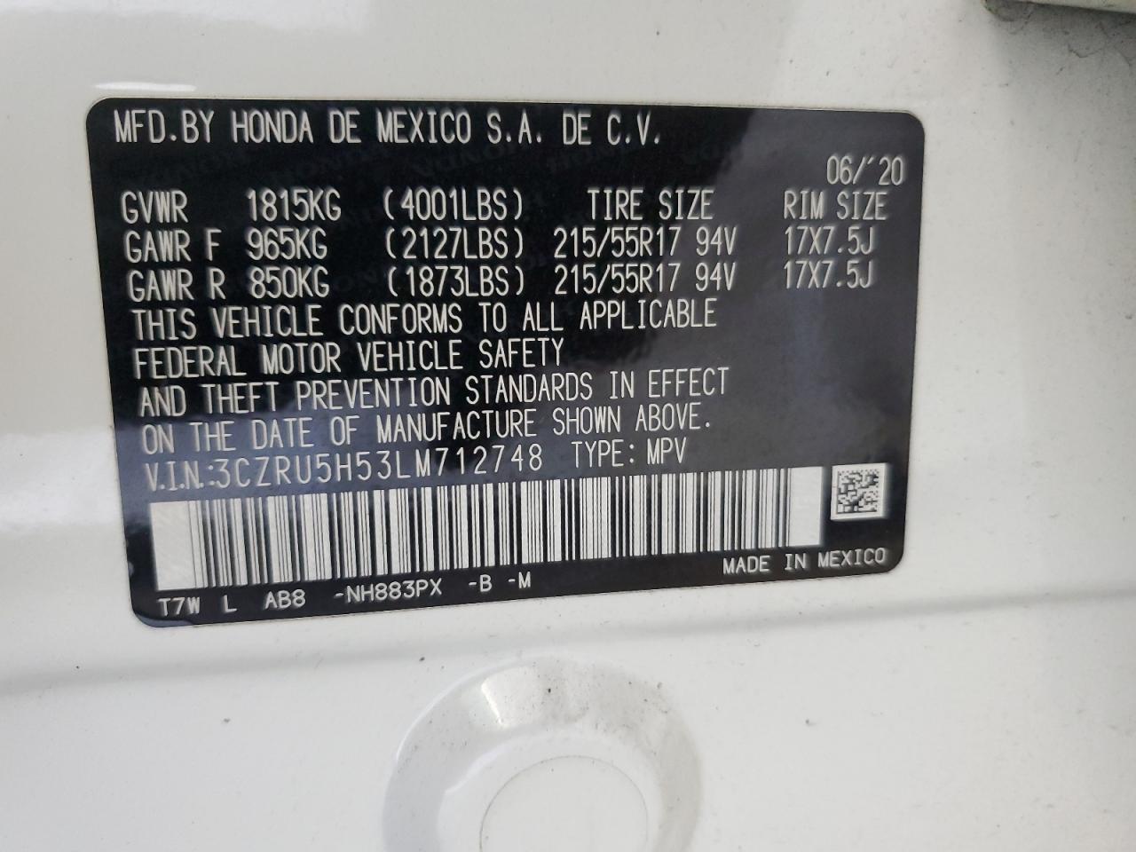 3CZRU5H53LM712748 2020 Honda Hr-V Ex