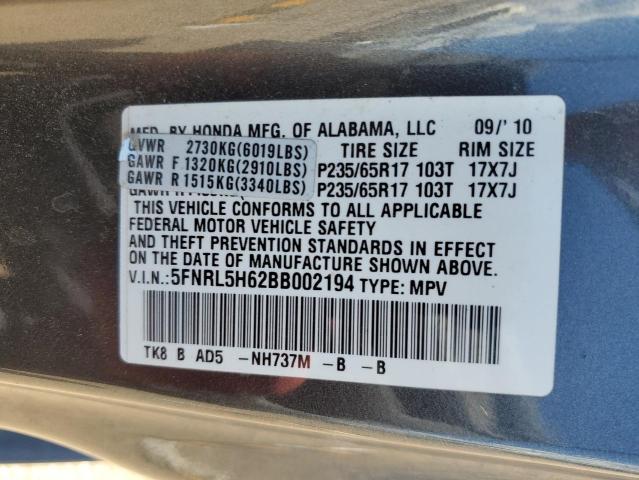 2011 Honda Odyssey Exl VIN: 5FNRL5H62BB002194 Lot: 62186004