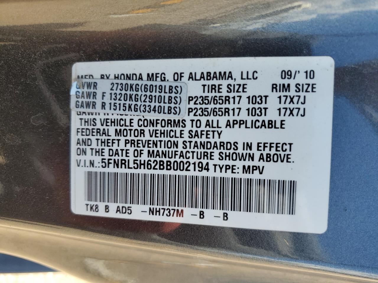 5FNRL5H62BB002194 2011 Honda Odyssey Exl