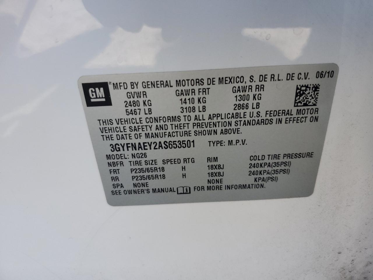 3GYFNAEY2AS653501 2010 Cadillac Srx Luxury Collection