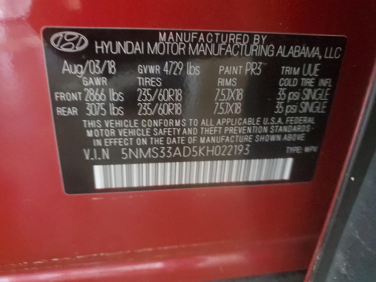 5NMS33AD5KH022193 2019 Hyundai Santa Fe Sel