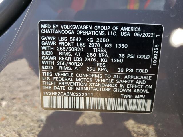 2022 Volkswagen Atlas Cross Sport Se VIN: 1V2HE2CA6NC222311 Lot: 60752184