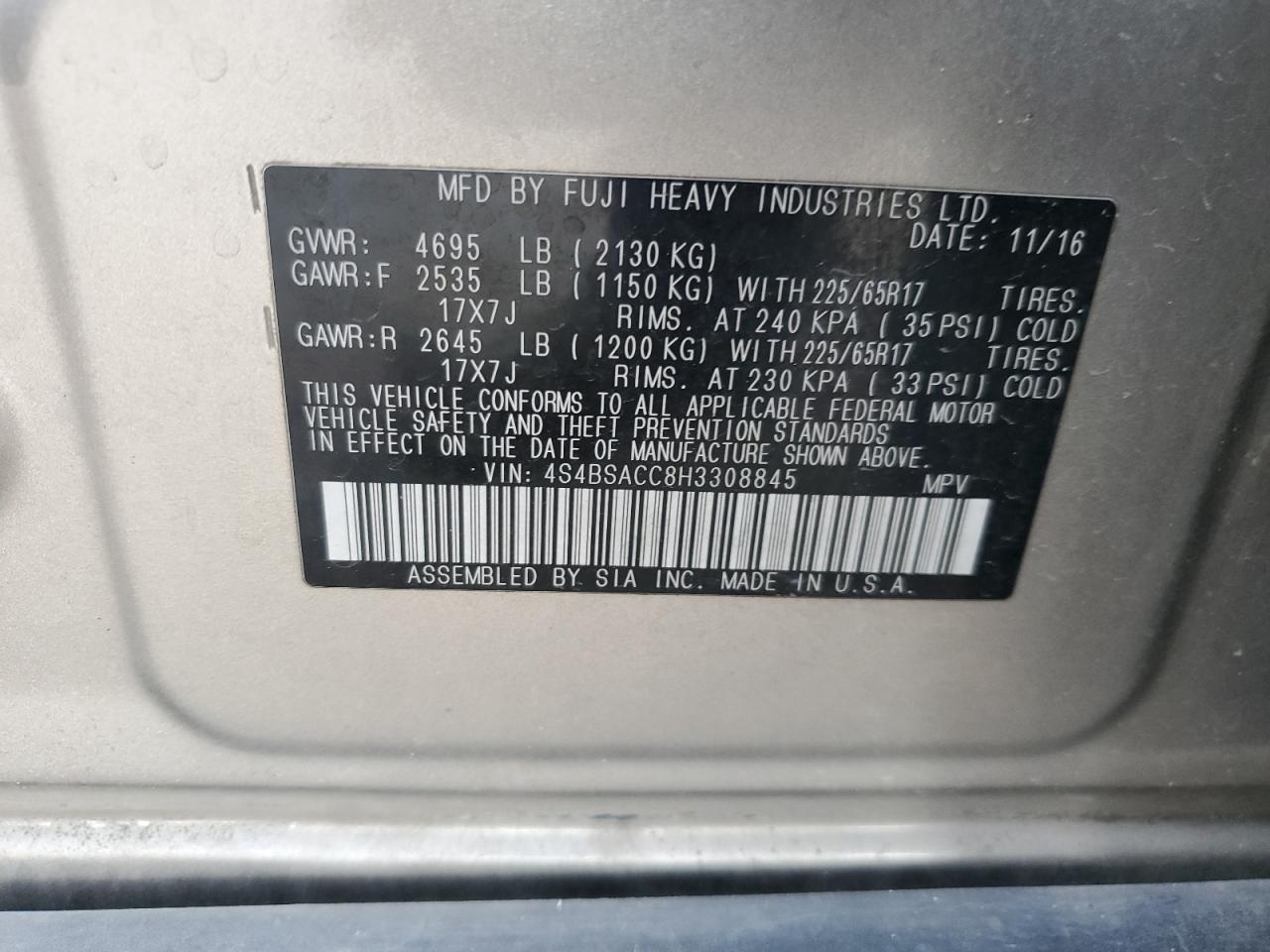 4S4BSACC8H3308845 2017 Subaru Outback 2.5I Premium